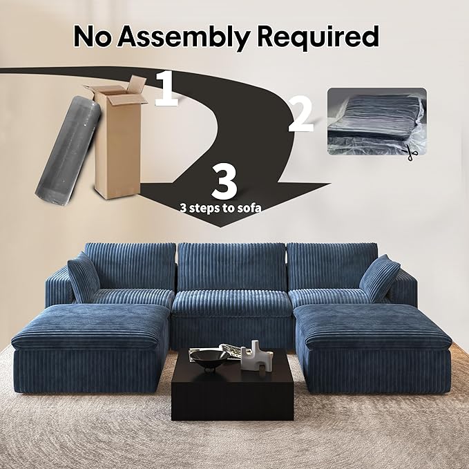 118" U Shaped Modern Sofa Modular Sectional Cloud Couch with 2 Ottoman,Upholstered Couches with Plush Corduroy Fabric for Living Room Furniture,Bedroom and Apartment,No Assembly Required,Blue-CasaMuseHome