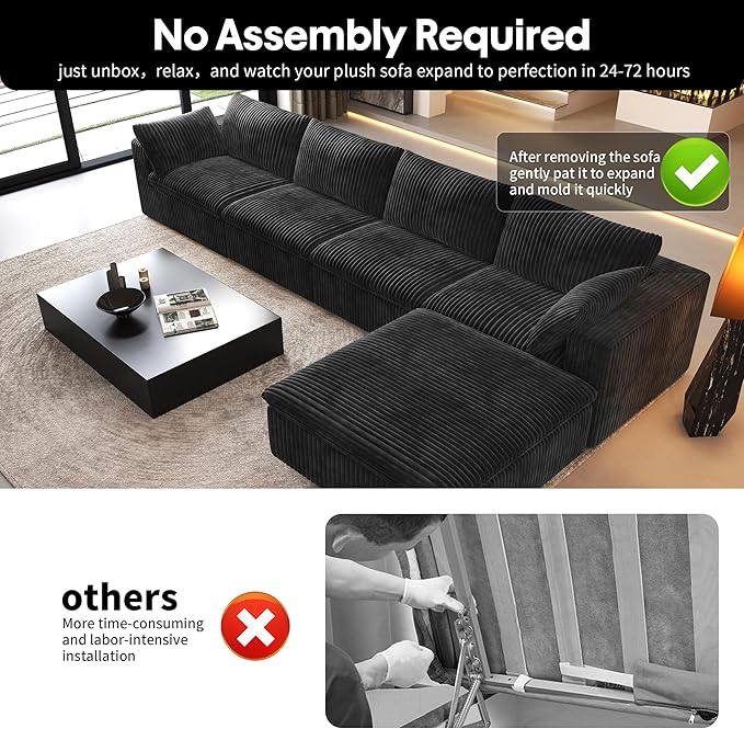 157.5" L Shaped Modern Sofa Modular Sectional Cloud Couch with Ottoman,Deep Seat Upholstered Couches with Corduroy Fabric for Living Room Furniture,Bedroom and Apartment,No Assembly Required,Black-CasaMuseHome
