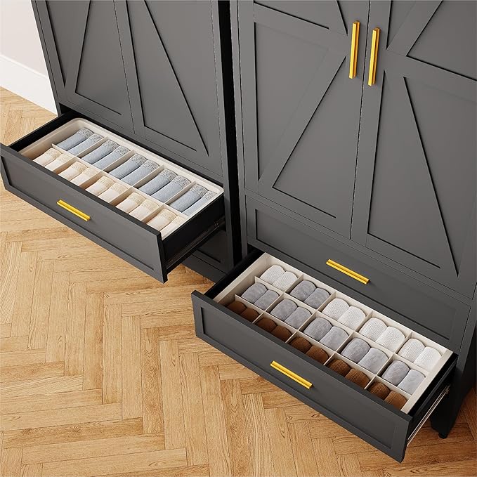 71'' Farmhouse Metal Wardrobe Cabinet with Hanging Rod, 2 Barn Door Wardrobe Closet with Adjustable Shelves,2 Drawer,for Dining Room,Bedroom,Living Room, Cloak Room,Office (Black)-CasaMuseHome