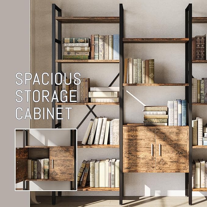 70 x70" Triple 5 Tier Book Shelf, Industrial Large Bookcase with Storage Cabinet, Tall Bookshelf with 14 Open Display Shelves Metal Frame Furniture for Living Room Bedroom Home Office Rustic Brown-CasaMuseHome