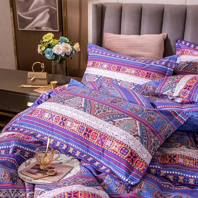 ABREEZE Bohemian Vintage King Size Floral Cotton Bedding Set 3Pcs Duvet Cover Set Boho Purple Paisley 100% Egyptian Brushed Cotton Reversible Home Bedding Collection-CasaMuseHome