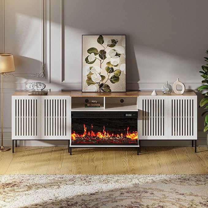 3-Sided Glass Farmhouse Fireplace TV Stand for TVs Up to 100 Inch, Entertainment Center with 36" Electric Fireplace, TV Console with Storage Cabinets for Living Room, Antique White-CasaMuseHome