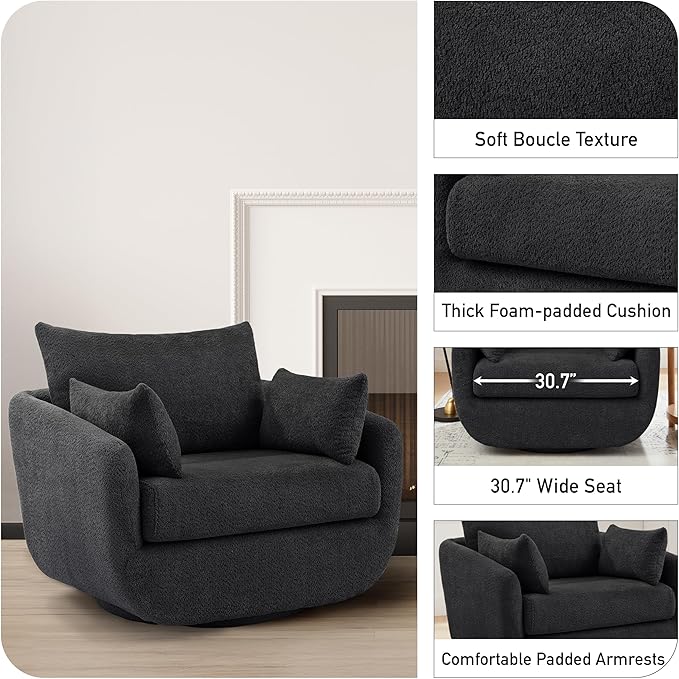 360° Swivel Accent Armchair Set of 2, 39.3" Oversized, Sherpa Boucle Fabric Sofa Chair with Removable Back & Arm Pillows, Swivel Chairs with Cozy Soft Padded, No Assembly Required, Dark Gray-CasaMuseHome