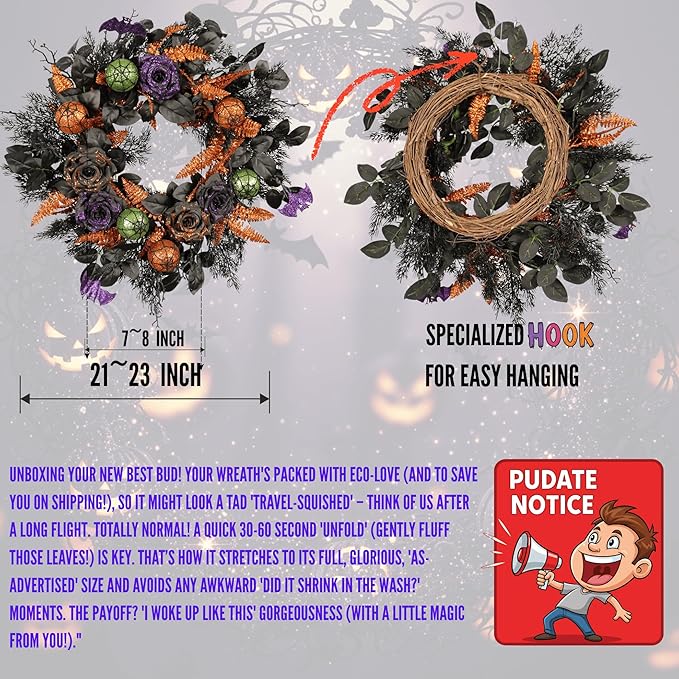 22 Inch Halloween Wreath for Front Door, Spooky Black & Purple Glitter Rose Wreath with Bats & Ornaments, Outdoor Halloween Decorations-CasaMuseHome