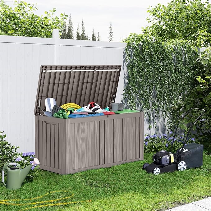 150 Gallon Resin Deck Box, Lockable Patio Outdoor Storage Box for Furniture, Garden Tools and Tools Storage, Waterproof Outside Storage Boxes - Grey-CasaMuseHome