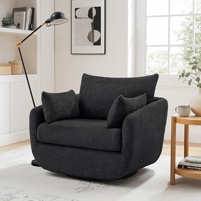 360° Swivel Accent Armchair, 39.3" Oversized, Sherpa Boucle Fabric Sofa Chair with Removable Back & Arm Pillows, Swivel Chair with Cozy Soft Padded, No Assembly Required (1, Dark Gray)-CasaMuseHome
