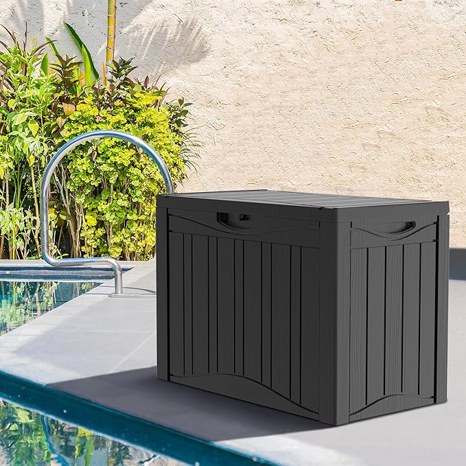 45 Gallon Double-Wall Resin Deck Box - Lockable Waterproof Outdoor Storage Box, 515lbs Capacity & Doubles as Seating for Patio Furniture - Garden Tools, Pool Accessories (Black)-CasaMuseHome