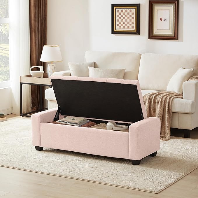 48" Ottoman with Storage, Pink Storage Ottoman Bench with Safety Hinge, Upholstered Entryway Bench with Seating for Bedroom, Living Room, Holds up to 330 lb-CasaMuseHome