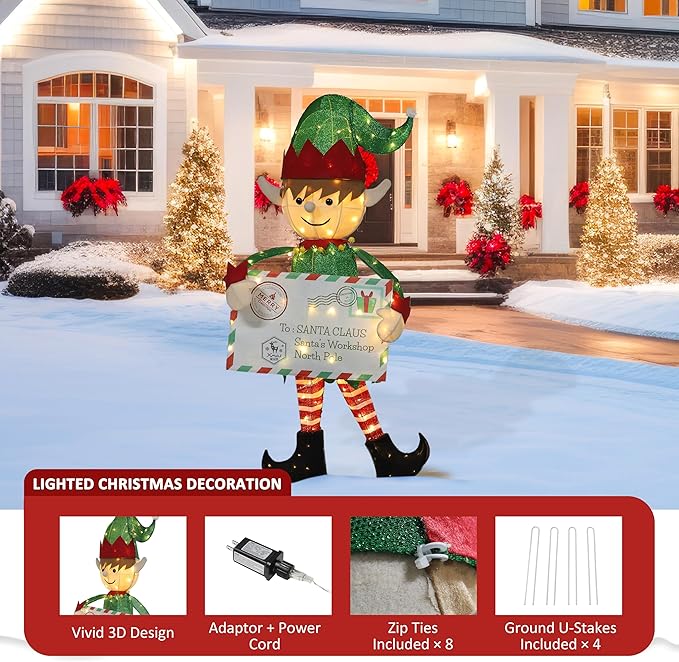 4.8FT Lighted Elf with Envelope Outdoor Christmas Decoration, 3D Pre-Lit Elf Decor with 100 LED Lights for Christmas, Freestanding Glittered Holiday Display for Outdoor, Indoor-CasaMuseHome