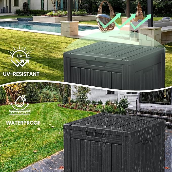 28 Gallon Outdoor Storage Box, Waterproof Durable Resin Deck Box for Indoor & Outdoor Use, Lockable Outdoor Bench, Deck Bin for Patio Furniture, Deliveries, Pool Supplies, Black-CasaMuseHome