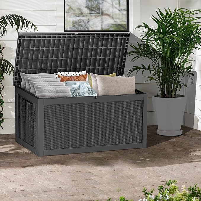 320 Gallon Lockable Resin Deck Box, Waterproof & UV-Resistant Outdoor Storage Box for Outdoor Cushion Storage, Garden Tools & Pool Accessories Storage, Black-CasaMuseHome
