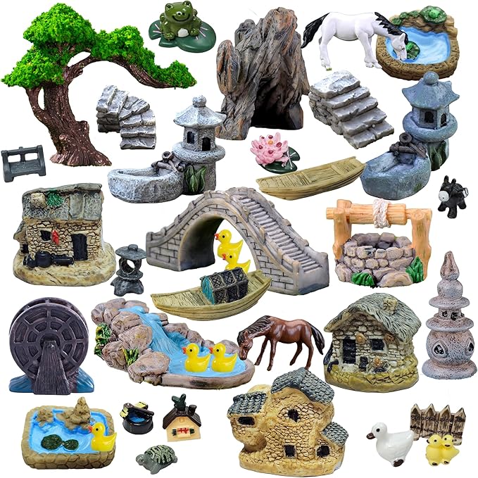37PCS Fairy Garden Accessories, Miniature Nature Village Theme Fairy Garden Supplies for Outdoor, Mini Resin Animals House Bridge Pool Figurines Micro Landscape Succulent Plant Pots Terrarium Decor-CasaMuseHome
