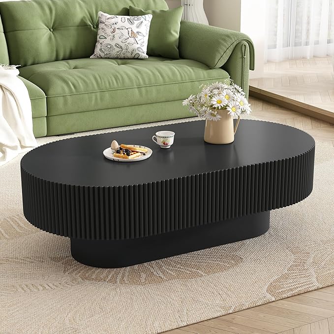 43.3" Oval Fluted Coffee Table Modern Elegant Drum End Table, Minimalist Center Table 7.8" Thick Tabletop with Sturdy Base for Living Room, Bedroom, Apartment,Easy Assembly, Black-CasaMuseHome