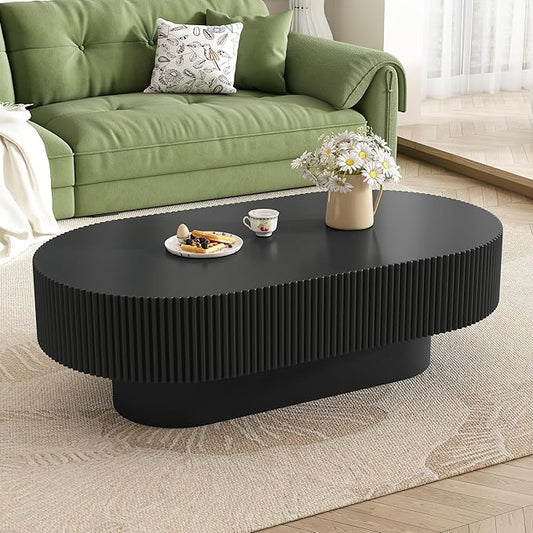 43.3" Oval Fluted Coffee Table Modern Elegant Drum End Table, Minimalist Center Table 7.8" Thick Tabletop with Sturdy Base for Living Room, Bedroom, Apartment,Easy Assembly, Black-CasaMuseHome