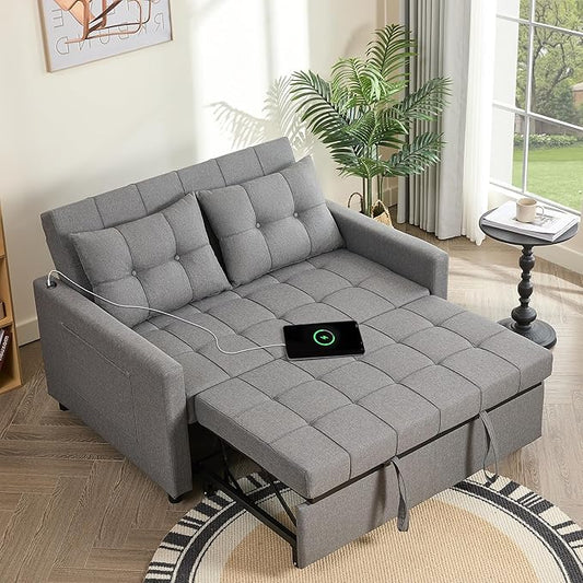 52" Sleeper Sofa with Pull-Out Bed, 3-in-1 Convertible Sofa Bed, Loveseat with Stepless Adjustable Backrest and Side Pocket, for Living Room Dorm Apartment, Linen, Light Gray-CasaMuseHome