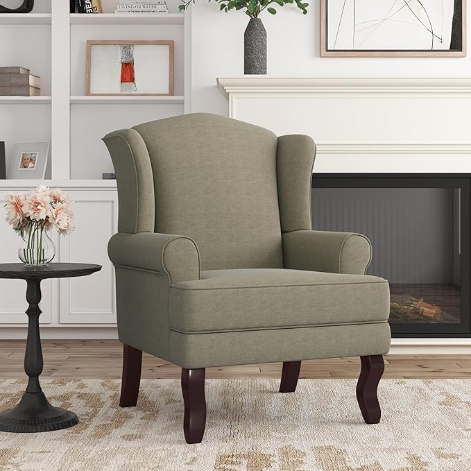 Accent Chair, High Back Upholstered Armchair with High Resilience Sponge & Wood Legs, Mid-Century Modern Comfy Single Sofa Reading Chairs for Living Room, Bedroom (Light Camel, Set of 1)-CasaMuseHome