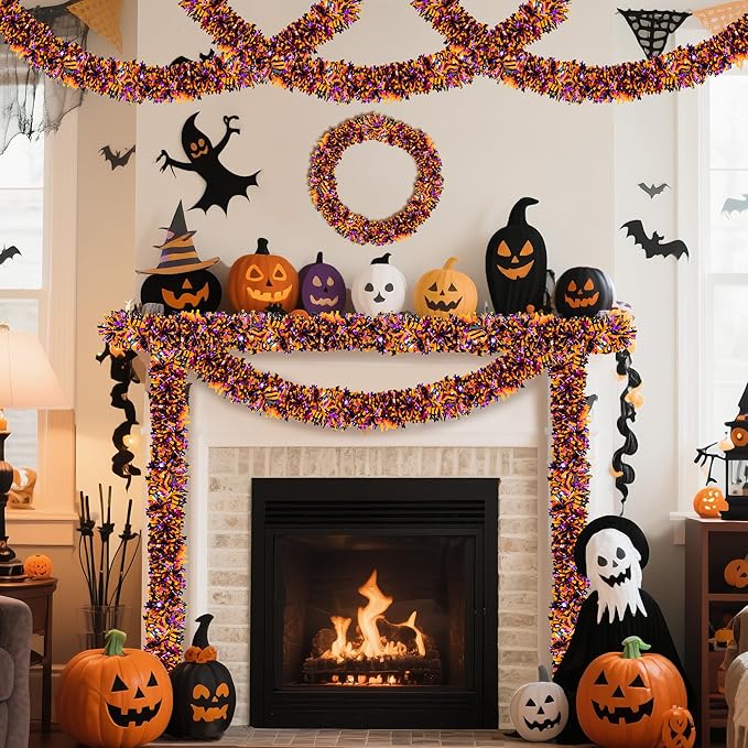 50FT Halloween Decorations Tinsel Garland, Orange Purple Black Shiny Metallic Tinsel Twist Hanging Streamers Garland for Halloween Birthday Home Tree Banister Indoor Outdoor Party Decor Supplies-CasaMuseHome