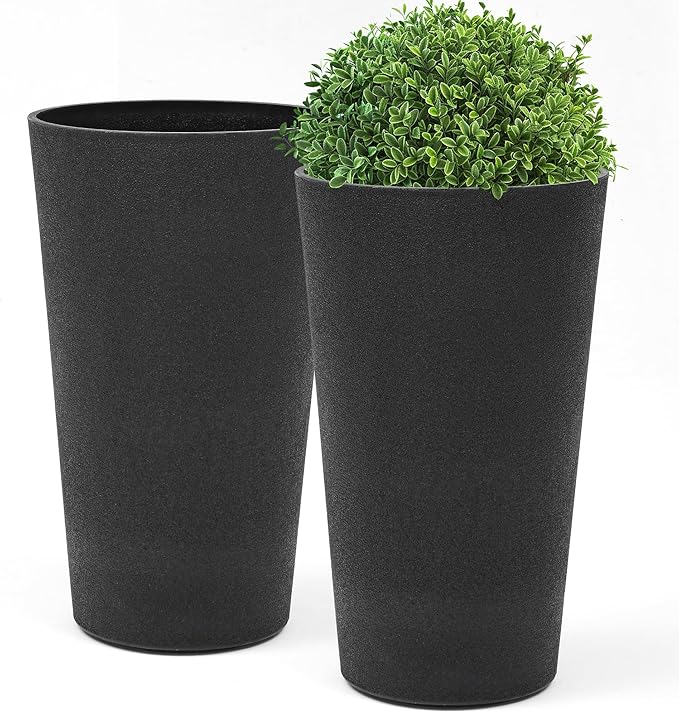 24" Tall Planters for Outdoor Plants, Set of 2 Heavy-Duty Resin Flower Pots, Matte Black Leather Grain Finish, Durable & Weather-Resistant, Ideal for Garden, Patio, Yard, Porch, or Home Use-CasaMuseHome