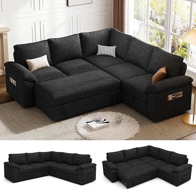 85 Inch Modular Sectional Sofa with Pull Out Bed,L Shaped 5 Seat Sectional Sleeper Sofa with Storage,Sectional Couches for Living Room,Cloud Modular Couch,Removable Sofa Cover,Black-CasaMuseHome