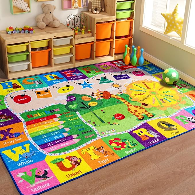 5x7 Playroom Rugs for Kids Washable, Educational and Fun Playmat with ABC Alphabet Animals Shapes Colors, Non-Slip Play Mat Learning Rugs for Baby Toddler Children Game Activity-CasaMuseHome
