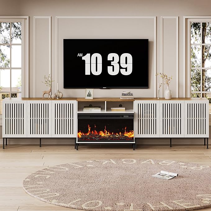 3-Sided Glass Farmhouse Fireplace TV Stand for TVs Up to 110 Inch, Entertainment Center with 36" Electric Fireplace, Antique White TV Console with Storage Cabinets for Living Room-CasaMuseHome