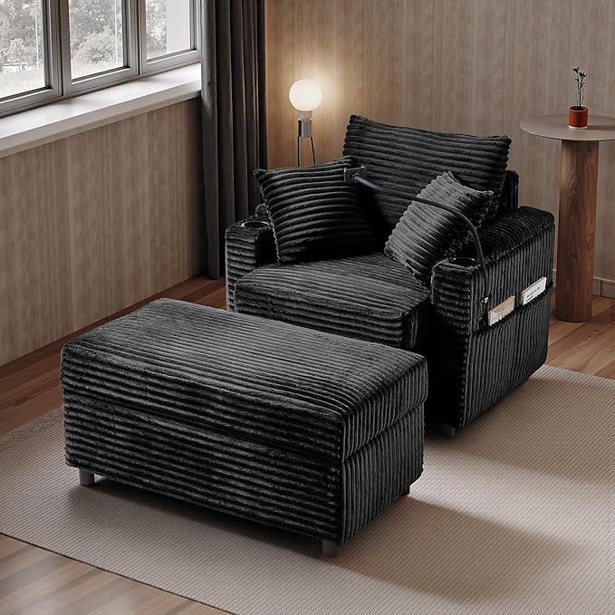 Accent Chair with Storage Ottoman Upholstered Living Room Chairs for Reading Chair with Chaise Lounge Chairs Indoor, Comfortable Armchair for Bedroom-CasaMuseHome