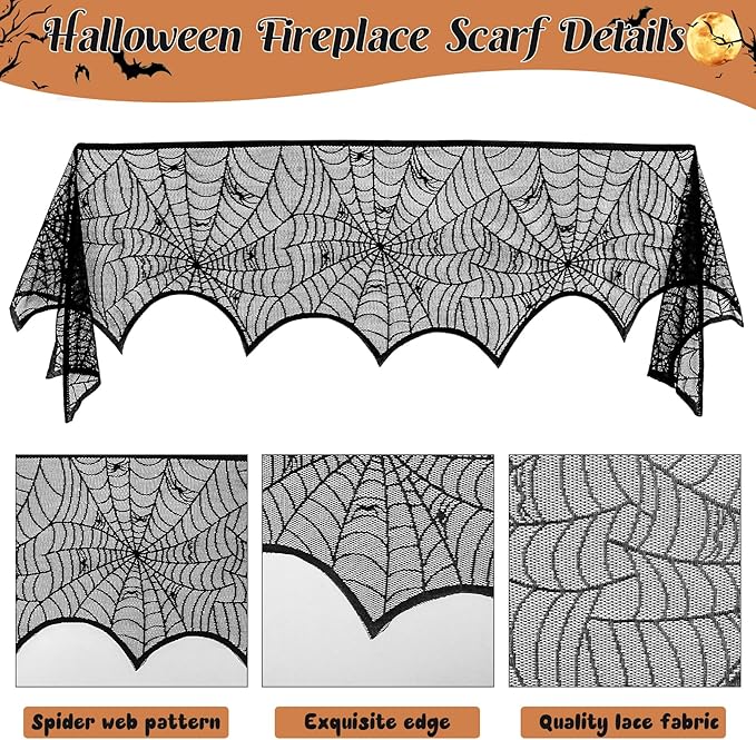 3 Pack Halloween Decorations Sets, Black Lace Spider Webs Table Runner & Halloween Cobweb Fireplace Scarf with 120 pcs 3D Bat for Halloween Indoor Decors Party Supplies-CasaMuseHome