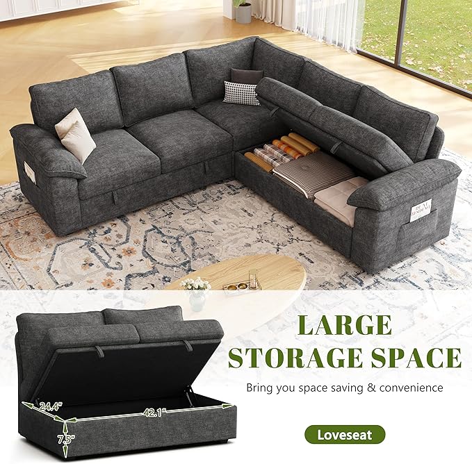 85 Inch Modular Sectional Sofa with Pull Out Bed,L Shaped 5 Seat Sectional Sleeper Sofa with Storage,Sectional Couches for Living Room,Cloud Modular Couch,Removable Sofa Cover,Dark Grey-CasaMuseHome