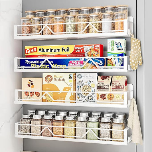 16.9 Inch Wide Large Capacity Magnetic Spice Rack for Refrigerator, 4 Pack Metal Fridge Shelf, White-CasaMuseHome