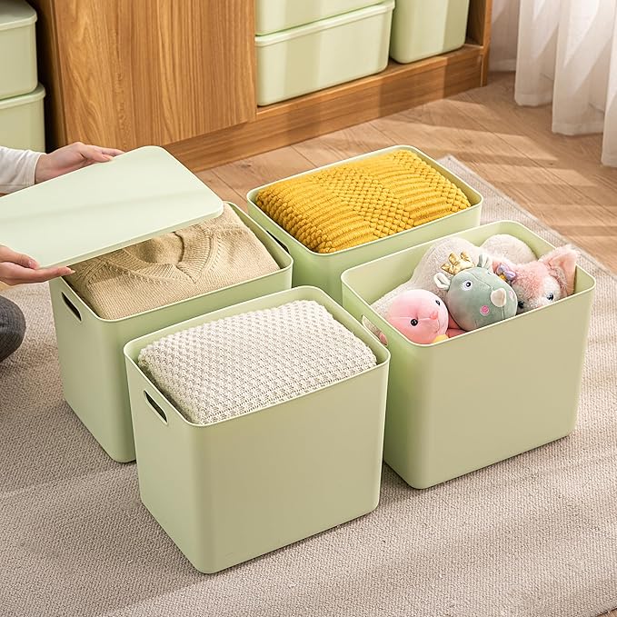 4 pack large plastic White storage bins Baskets, Toy Box Chest with Lids and Handle，Organizer Containers for Baby，Kids,snacks,Nursery，Shelves，Playroom, Bedroom，Office,Closet，home-CasaMuseHome