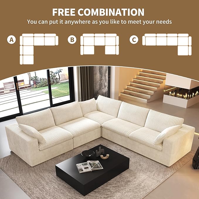 118" V Shaped Corner Modern Sofa Modular Sectional Cloud Couch,Deep Seat Upholstered Couches with Plush Corduroy Fabric for Living Room Furniture,Bedroom and Apartment,No Assembly Required,White-CasaMuseHome