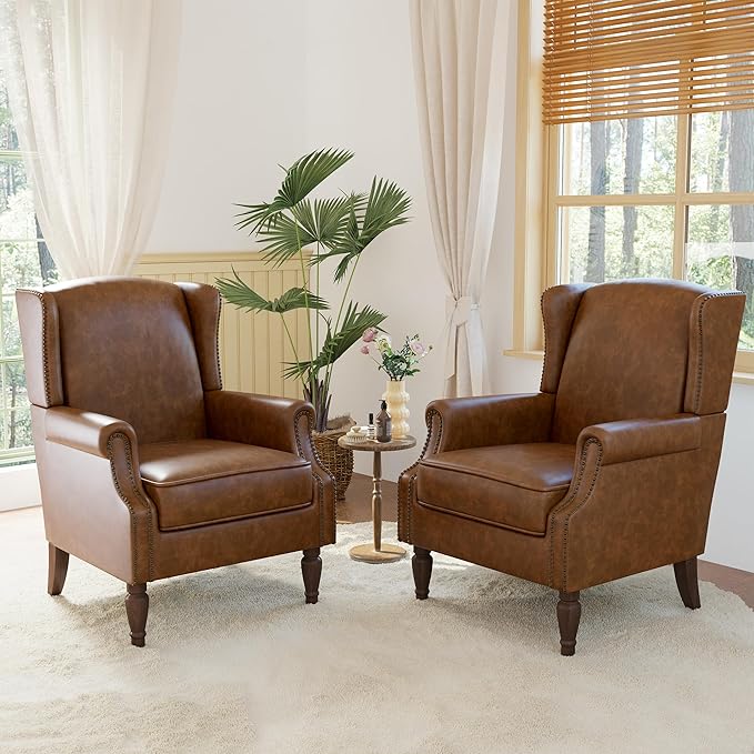 Accent Chairs, Faux Leather High Back Armchair setof 2 or Living Room, Comfy Upholstered Single Sofa Reading Chairs with Solid Wood Legs for Office, Bedroom, Waiting Room-Leather Brown-CasaMuseHome