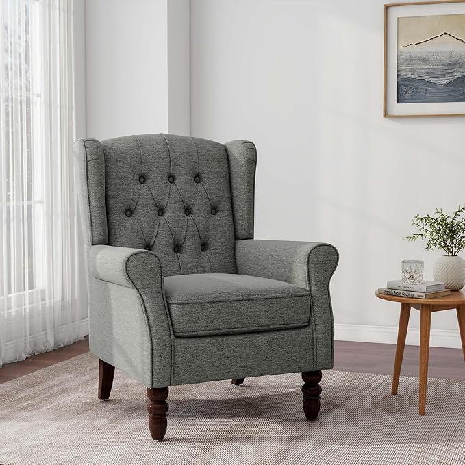 Accent Chair, Upholstered Armchair with Button Tufted High Back & Solid Wood Legs, Comfy Wingback Reading Single Sofa Chair for Small Spaces, Living Room, Bedroom (Grey, Set of 2)-CasaMuseHome
