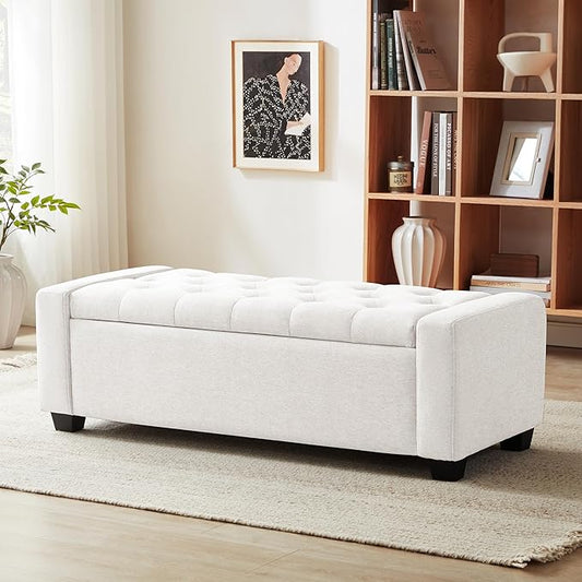 48" Ottoman with Storage, White Storage Ottoman Bench with Safety Hinge, Upholstered Entryway Bench with Seating for Bedroom, Living Room, Holds up to 330 lb-CasaMuseHome