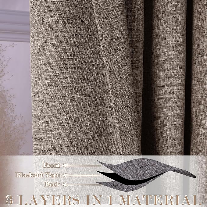 70" W x 108" L Faux Linen Room Divider Curtains, Full Blackout Pinch Pleated Drapes for Traverse Rod, Bedroom Divider Privacy Drapery with Hooks for Ceiling Track, 1 Panel, Light Brown-CasaMuseHome