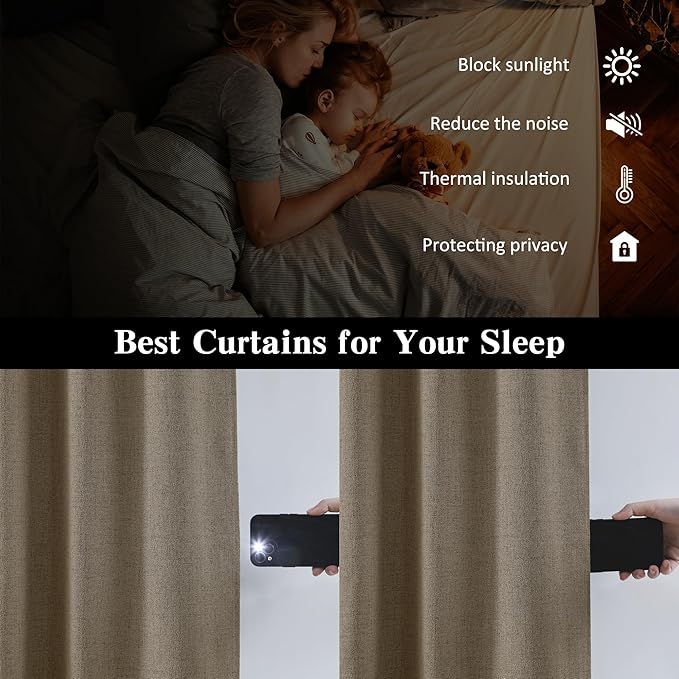 70 Inch Wide Blackout Curtains 2 Panels Set,Back Tab Pleated Curtains Hidden Tab with Hooks,Energy Efficinet Linen Blend Drapes for Dining Room Living Room Hoom Office 70x84 Length Linen Brown-CasaMuseHome