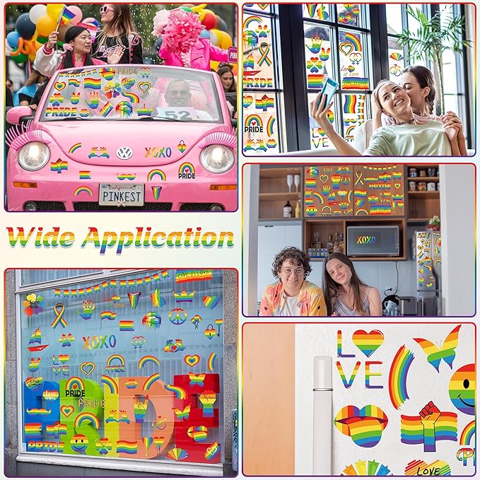 9 Sheets LGBT Rainbow Window Clings, Pride Decorations Window Cling, Gay Love Heart Stickers, Double-Side Pride Wall Clings Decals for Pride Day LGBTQ Rainbow Party Parades Supplies Decor-CasaMuseHome