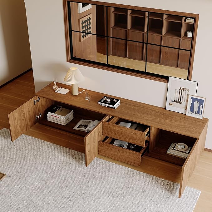 79" Mid-Century Modern TV Stand for Living Room, Farmhouse Entertainment Center with Storage & Drawers, Fluted Design Wood TV Console for Home Theater Office-CasaMuseHome