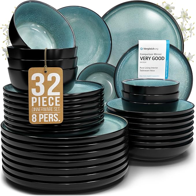 32 Piece Dinnerware Sets for 8 - Modern Style Stoneware Dinnerware Set - Scratch Resistant, Dishwasher Safe Plates and Bowls Sets Ceramic, Dish Set, Bowl and Plate Set - Black and Petrol Blue…-CasaMuseHome
