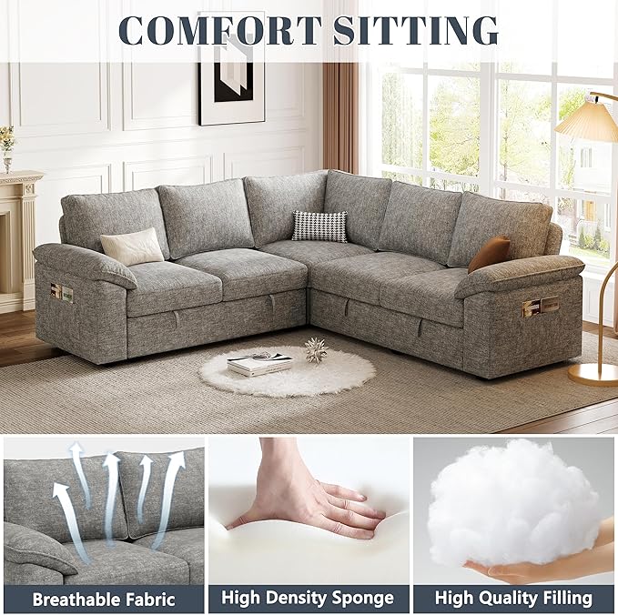 85 Inch Modular Sectional Sofa with Pull Out Bed,L Shaped 5 Seat Sectional Sleeper Sofa with Storage,Sectional Couches for Living Room,Cloud Modular Couch,Removable Sofa Cover,Light Gray-CasaMuseHome
