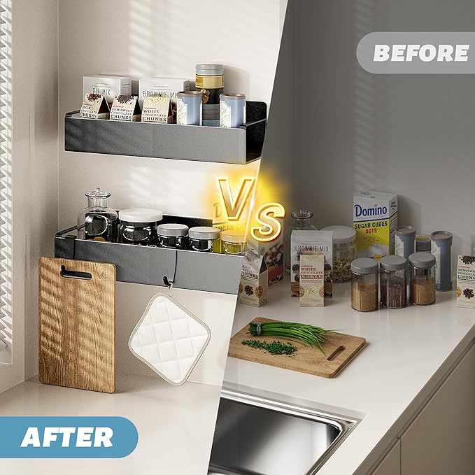 4 Pack Magnetic Spice Rack for Refrigerator, Black Magnetic Shelf for Kitchen Organizer and Storage, Mini Organizers for Oven and Fridge with 4 Hooks-CasaMuseHome