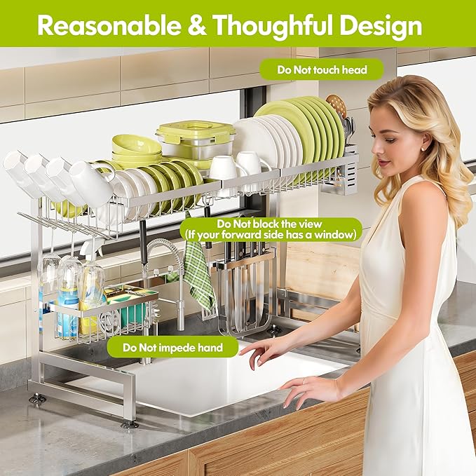 2 Tier Extra Large Stainless Steel Expandable Over The Sink Dish Drainer Drying Rack, Rust Proof Metal, Space Saving, Modern Silver Big Capacity Extendable Plate Strainers Above Kitchen Counter-CasaMuseHome