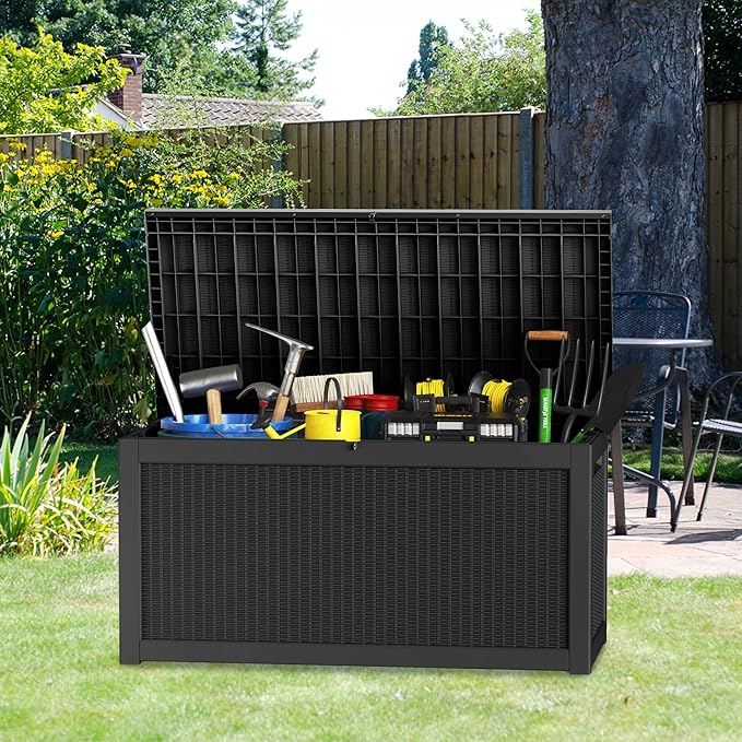 260 Gallon Deck Box XXL Large Outdoor Storage for Patio Furniture,Outdoor Cushions,Garden Tools and Pool Supplies,Waterproof,Resin,Lockable(Black Rattan)-CasaMuseHome