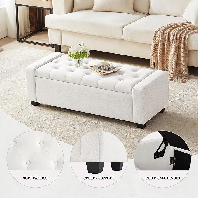 48" Ottoman with Storage, White Storage Ottoman Bench with Safety Hinge, Upholstered Entryway Bench with Seating for Bedroom, Living Room, Holds up to 330 lb-CasaMuseHome
