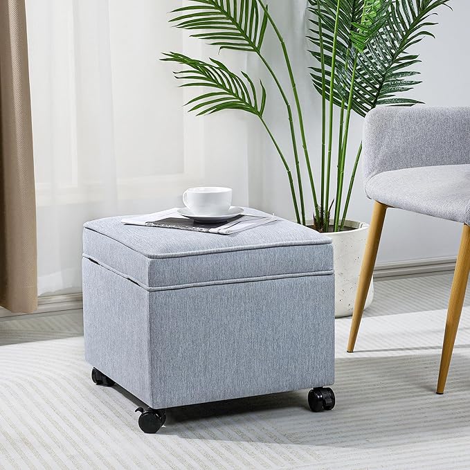 Adeco 17.5" Square Fabric Ottoman with Storage, Upholstered Cotton Linen Foot Rest, Flip Top Footstool, Small Cube Coffee Table Extra Seat for Living Room, Bedroom, Ice Blue with Rolling Legs-CasaMuseHome