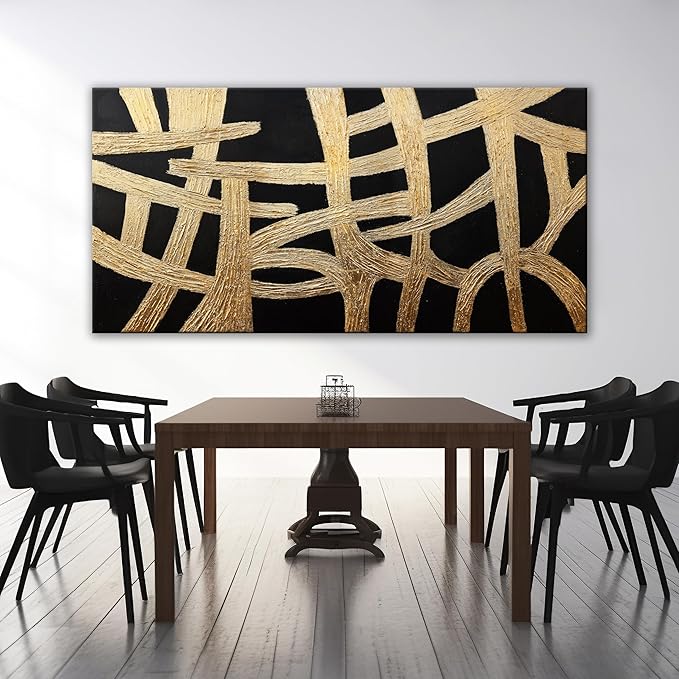 Abstract Wall Art Paintings Wall Decor Large Canvas Wall Art Decor Black And Gold Lines Texture Wall Art Artwork Modern Minimalist Wall Art Living Room For Room Bedroom Office Wall Decor 29"X58"-CasaMuseHome