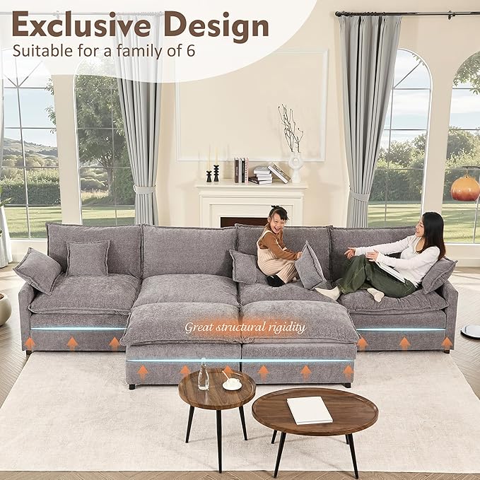 142.5" U Shaped Couch, Modular Sectional Sofa, 3-Seater Comfy Cloud Couch with Movable Ottoman, Deep Seat Couches for Living Room, Chenille, Slate-CasaMuseHome