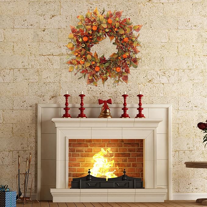 22 inch Artificial Fall Wreaths for Front Door,Autumn Wreath with Pumpkin and Maple Leaves Suitable for Indoor Outdoor Wall Porch Harvest Festival Thanksgiving Day Farmhouse Holiday Decor.-CasaMuseHome