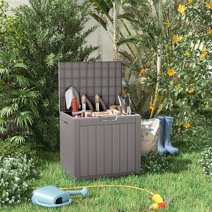 31 Gallon Resin Deck Box, Lockable Patio Outdoor Storage Box for Furniture, Garden Tools and Tools Storage, Waterproof Outside Storage Boxes - Grey-CasaMuseHome
