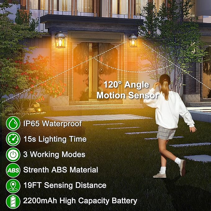 2 Pack Solar Wall Lanterns Outdoor with 3 Modes, Dusk to Dawn Motion Sensor LED Sconce Lights IP65 Waterproof, Exterior Front Porch Security Lamps Wall Mount Patio Fence Garage Decorative-CasaMuseHome